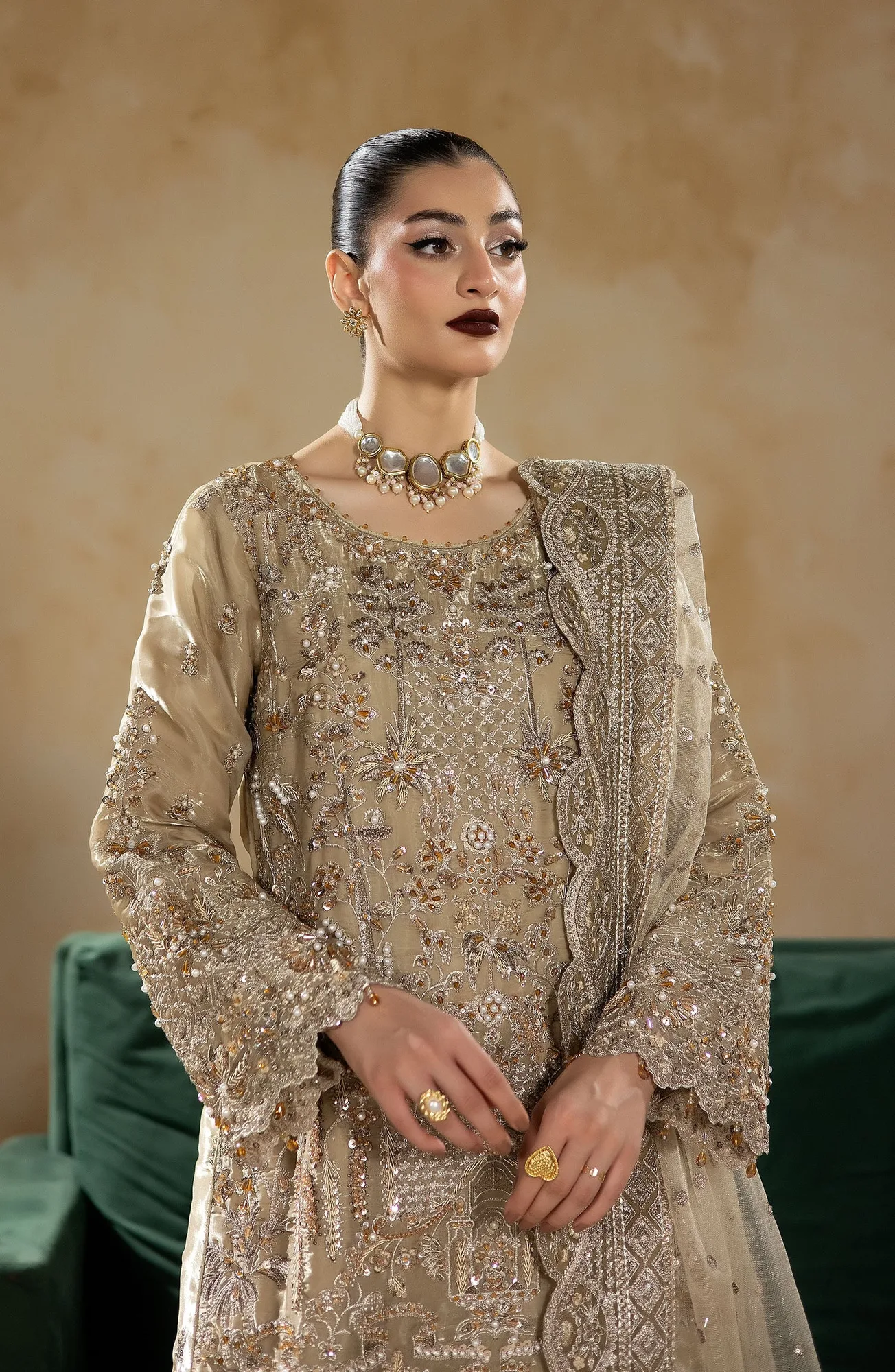 Raw silk and net three‑piece ensemble with elegant silhouette – view 2 – Poshaq