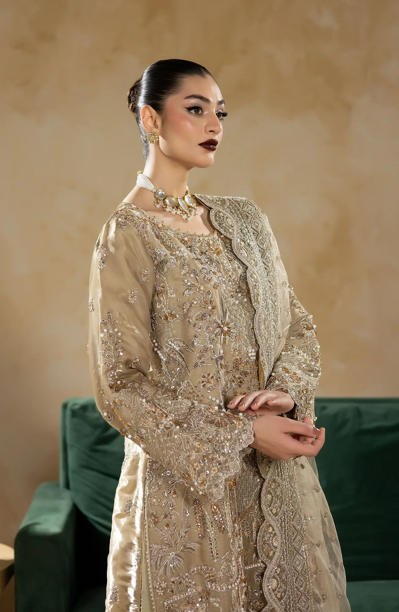 Raw silk and net three‑piece ensemble with elegant silhouette – view 4 – Poshaq