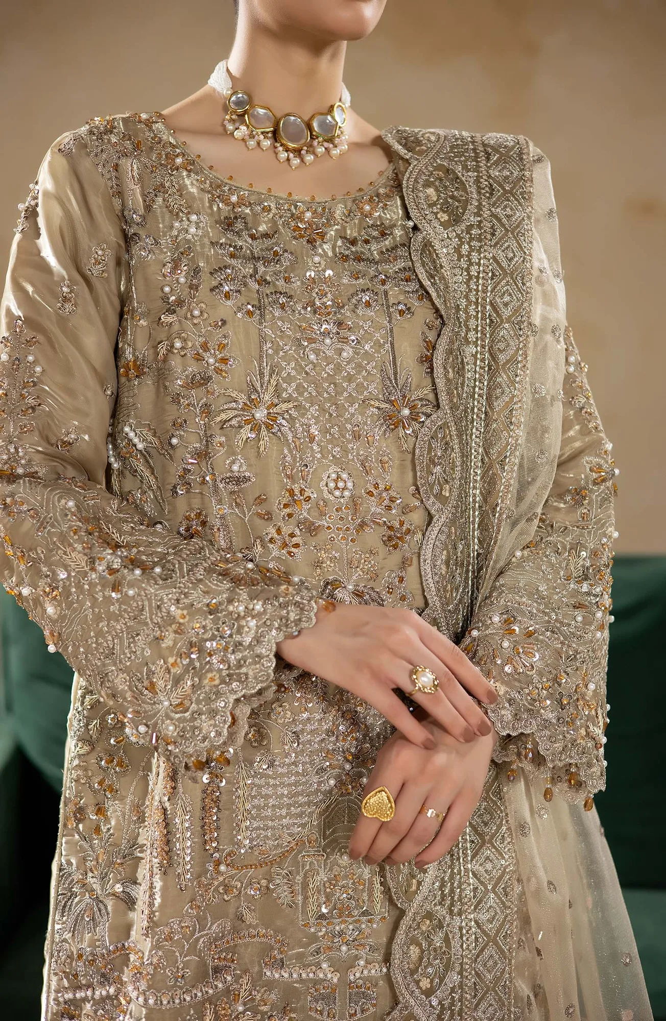Raw silk and net three‑piece ensemble with elegant silhouette – view 5 – Poshaq