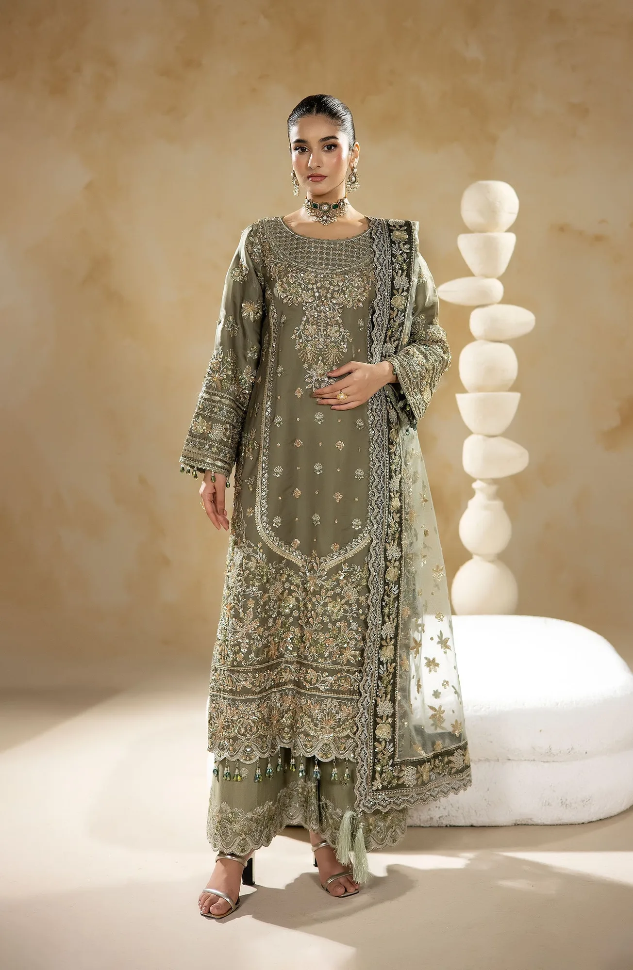 Raw silk shirt, silk trousers and net dupatta in a formal three‑piece set – view 1 – Poshaq
