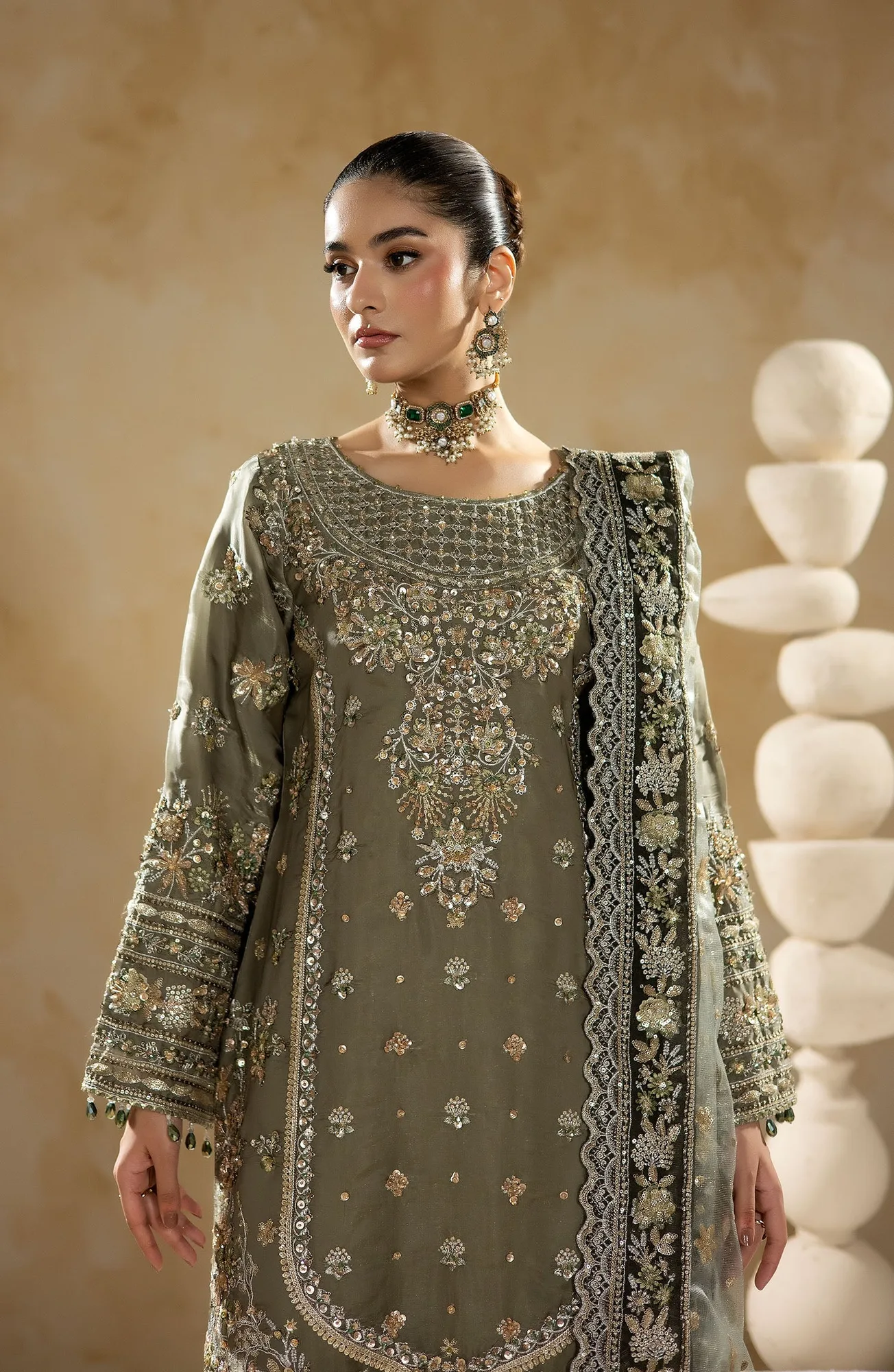 Raw silk shirt, silk trousers and net dupatta in a formal three‑piece set – view 2 – Poshaq