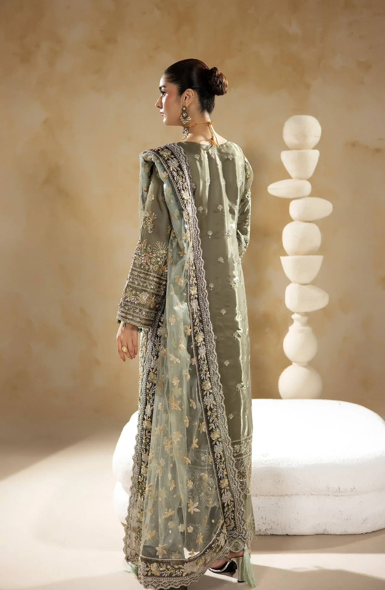 Raw silk shirt, silk trousers and net dupatta in a formal three‑piece set – view 3 – Poshaq