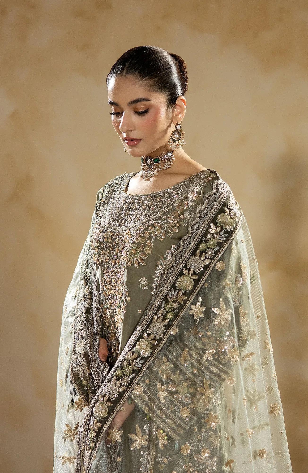 Raw silk shirt, silk trousers and net dupatta in a formal three‑piece set – view 5 – Poshaq