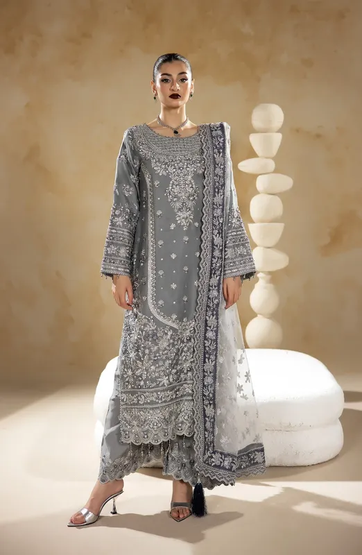 Raw silk shirt with silk trouser and embroidered net dupatta in subtle sheen – view 1 – Poshaq