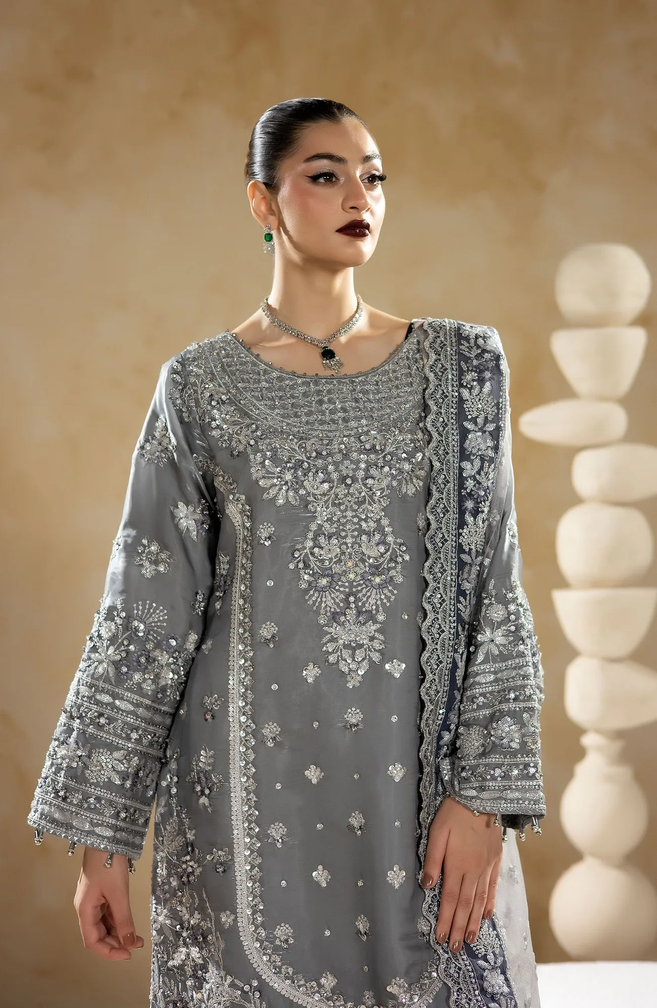Raw silk shirt with silk trouser and embroidered net dupatta in subtle sheen – view 2 – Poshaq