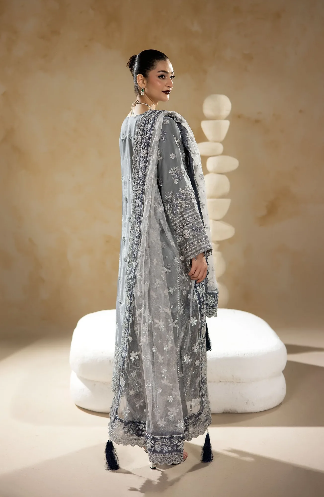 Raw silk shirt with silk trouser and embroidered net dupatta in subtle sheen – view 3 – Poshaq
