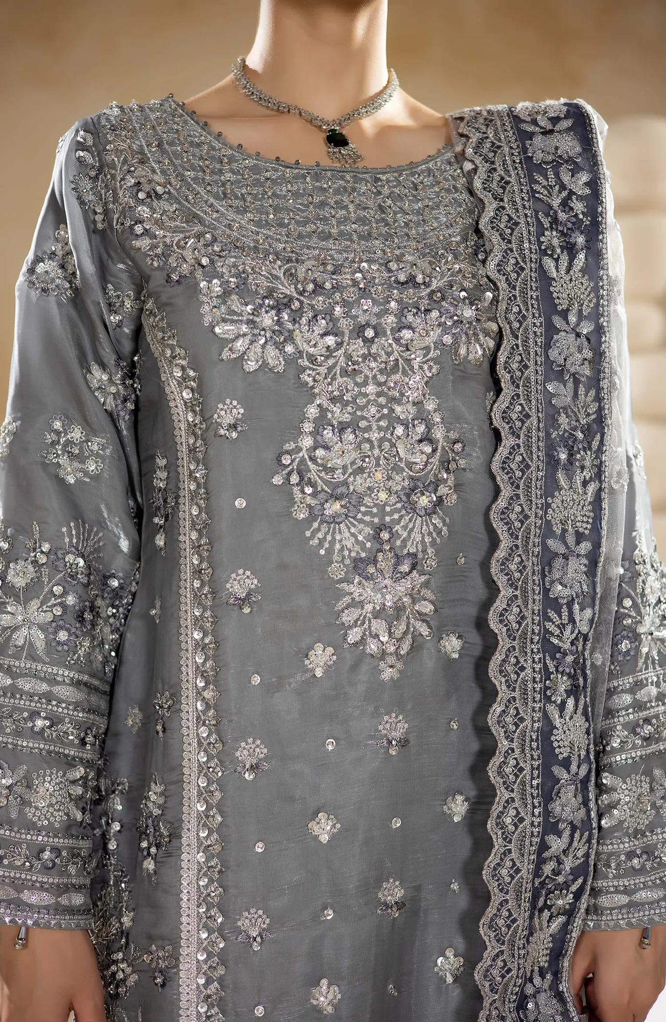 Raw silk shirt with silk trouser and embroidered net dupatta in subtle sheen – view 5 – Poshaq