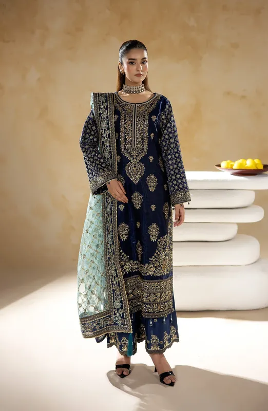 raw silk suit with net dupatta and embroidered details – view 1 – Poshaq
