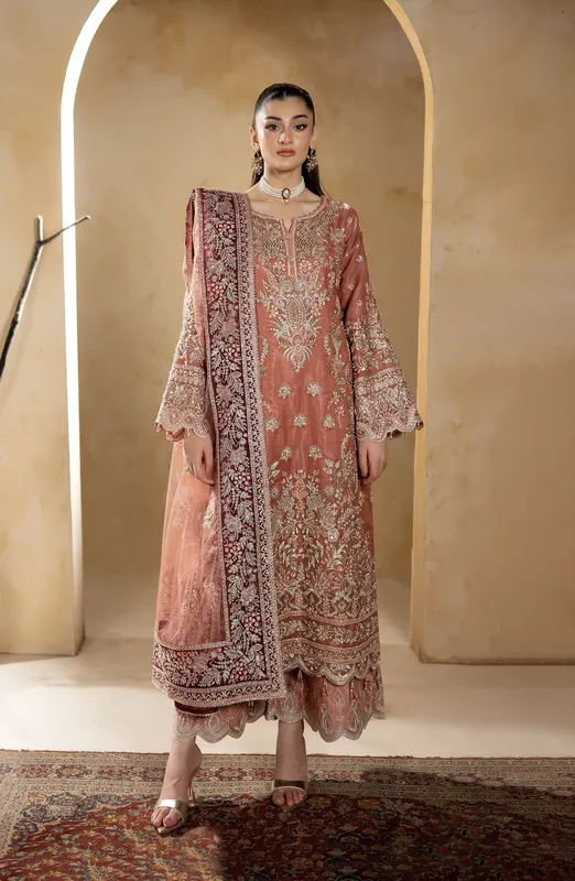 Raw silk shirt, silk trousers and net dupatta in JF-42 A Lyra set – view 1 – Poshaq