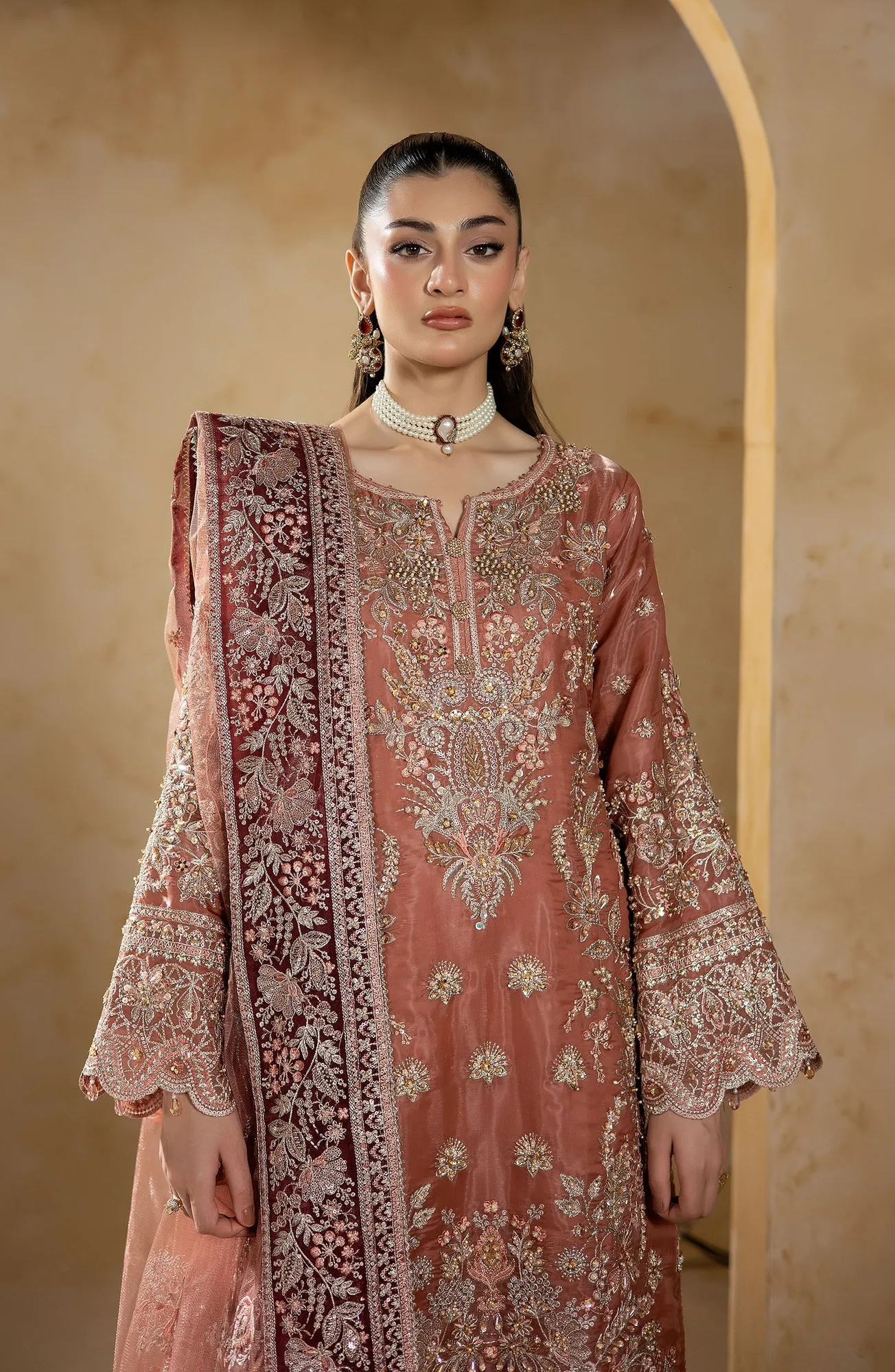 Raw silk shirt, silk trousers and net dupatta in JF-42 A Lyra set – view 2 – Poshaq