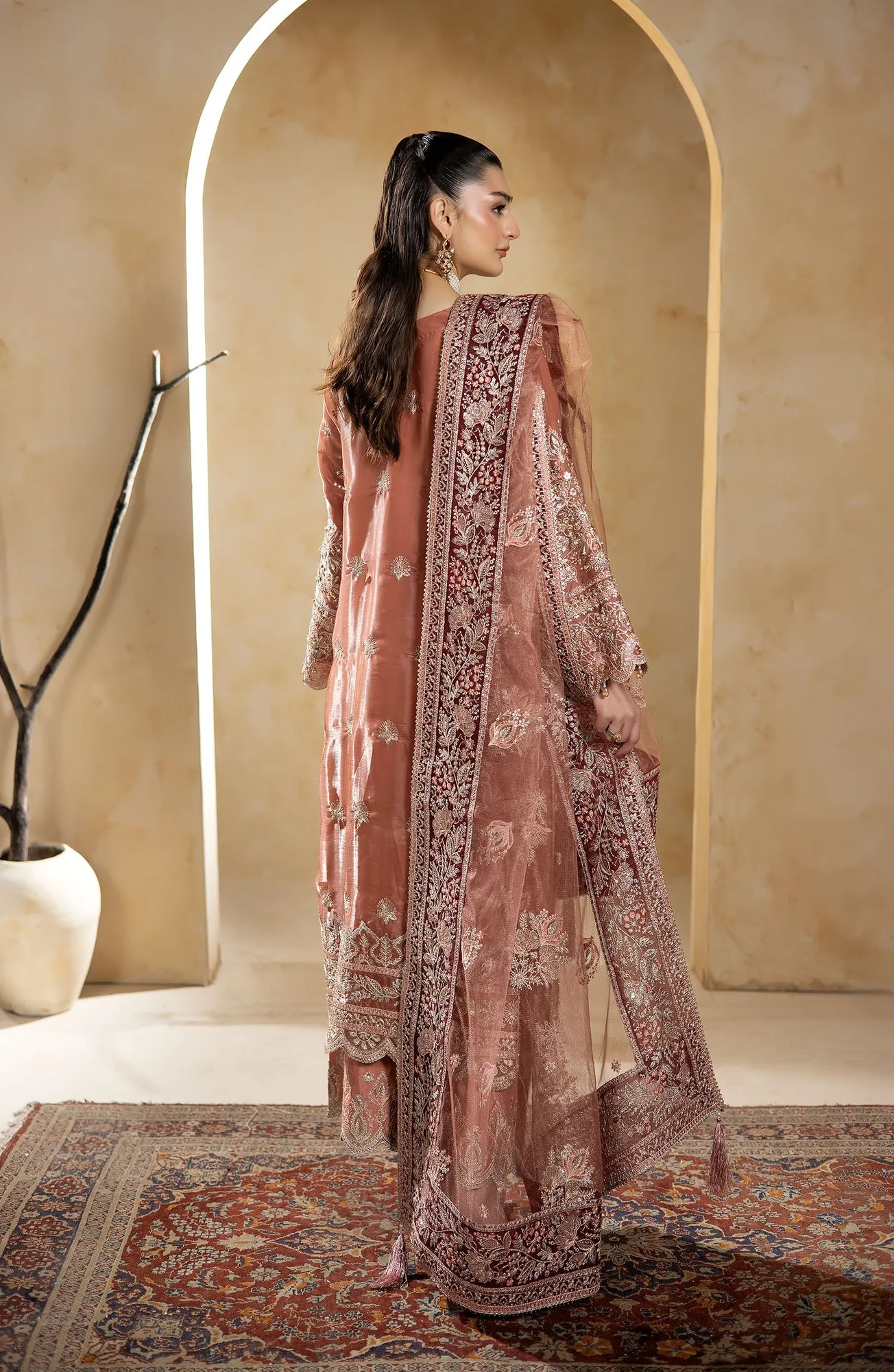Raw silk shirt, silk trousers and net dupatta in JF-42 A Lyra set – view 3 – Poshaq