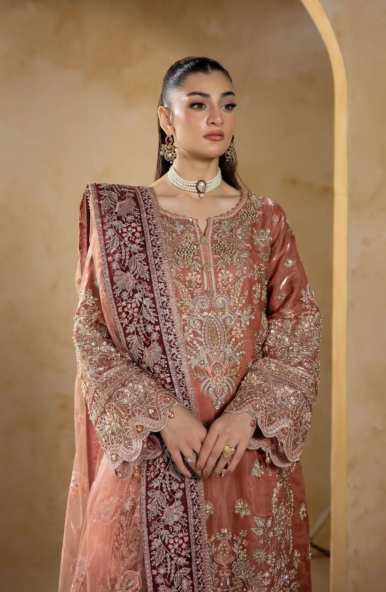 Raw silk shirt, silk trousers and net dupatta in JF-42 A Lyra set – view 4 – Poshaq