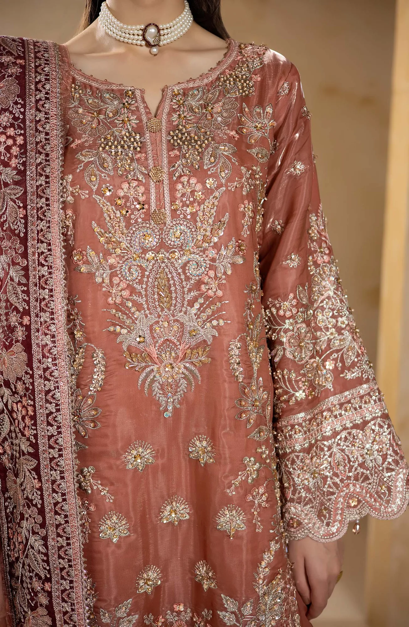 Raw silk shirt, silk trousers and net dupatta in JF-42 A Lyra set – view 5 – Poshaq