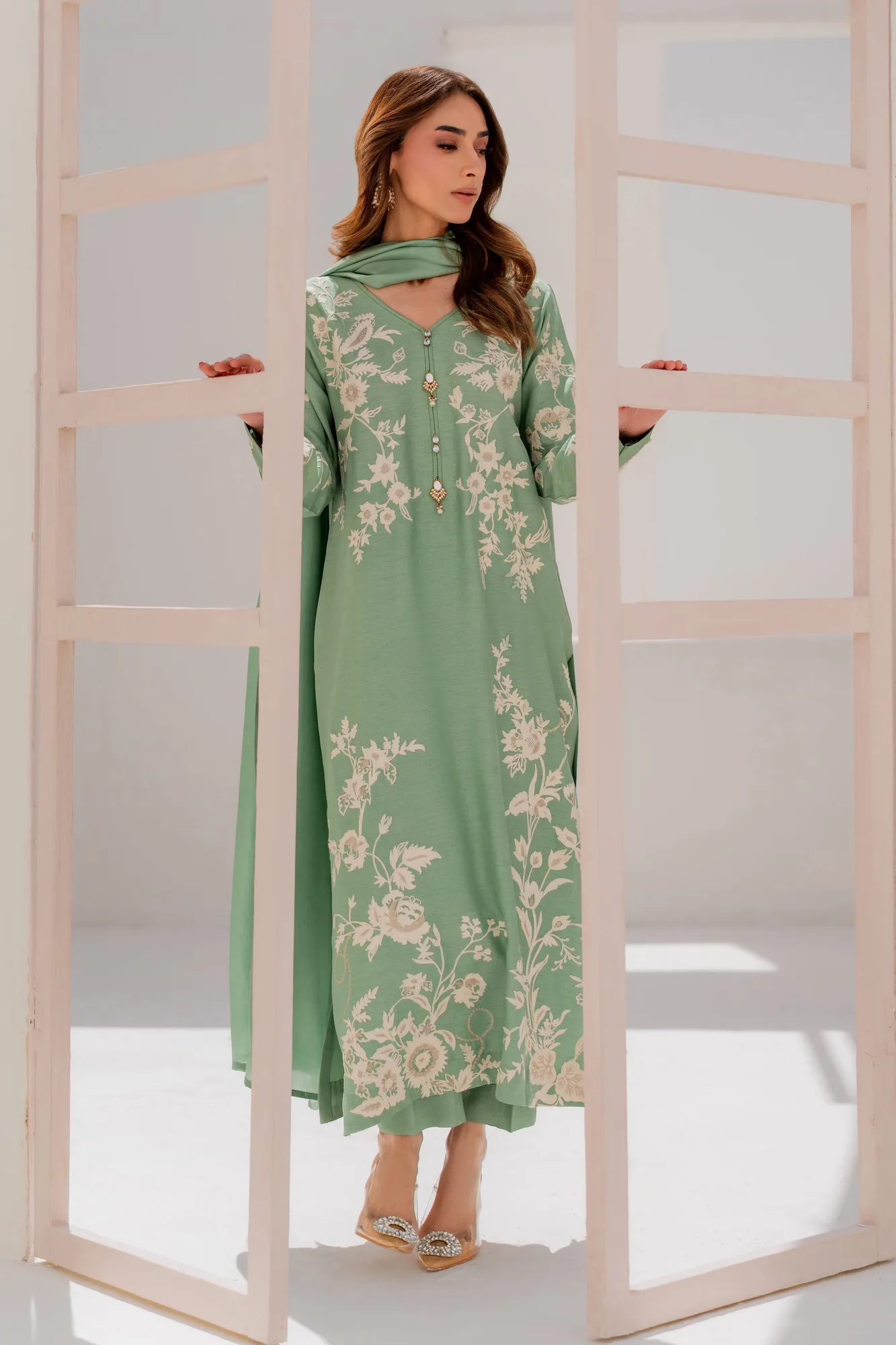 Green silk two-piece with hand aari embroidery and polki buttons – view 1 – Poshaq