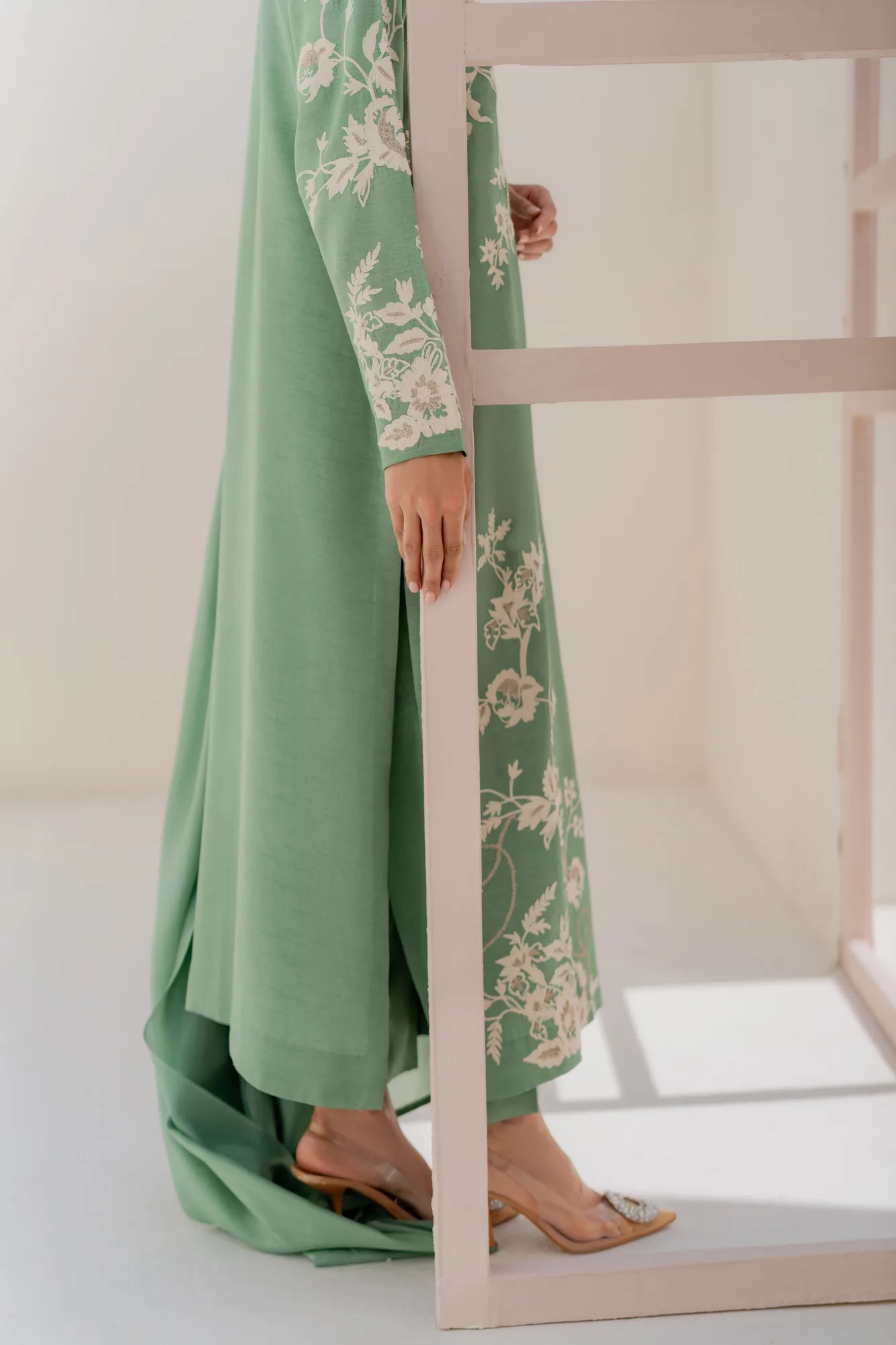 Green silk two-piece with hand aari embroidery and polki buttons – view 10 – Poshaq