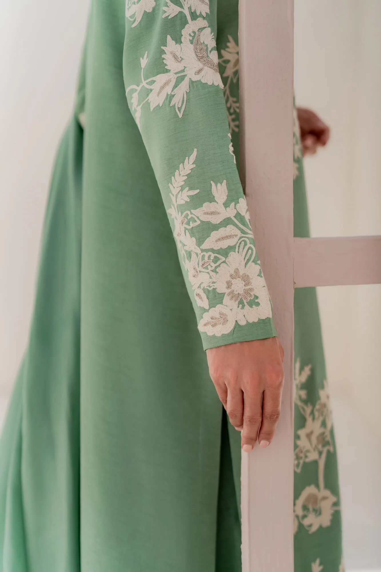 Green silk two-piece with hand aari embroidery and polki buttons – view 11 – Poshaq
