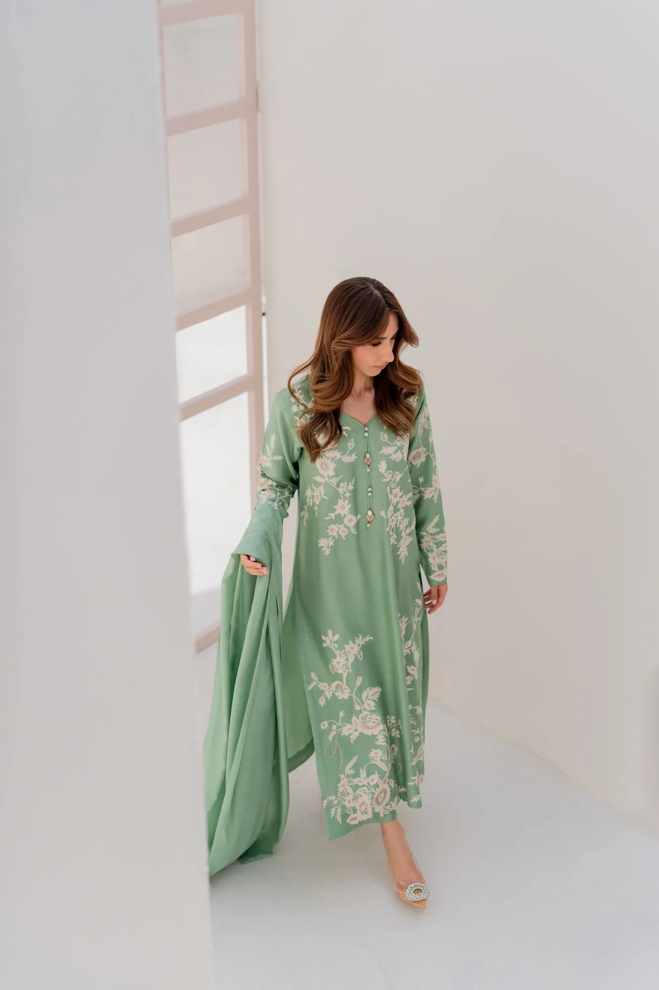 Green silk two-piece with hand aari embroidery and polki buttons – view 13 – Poshaq