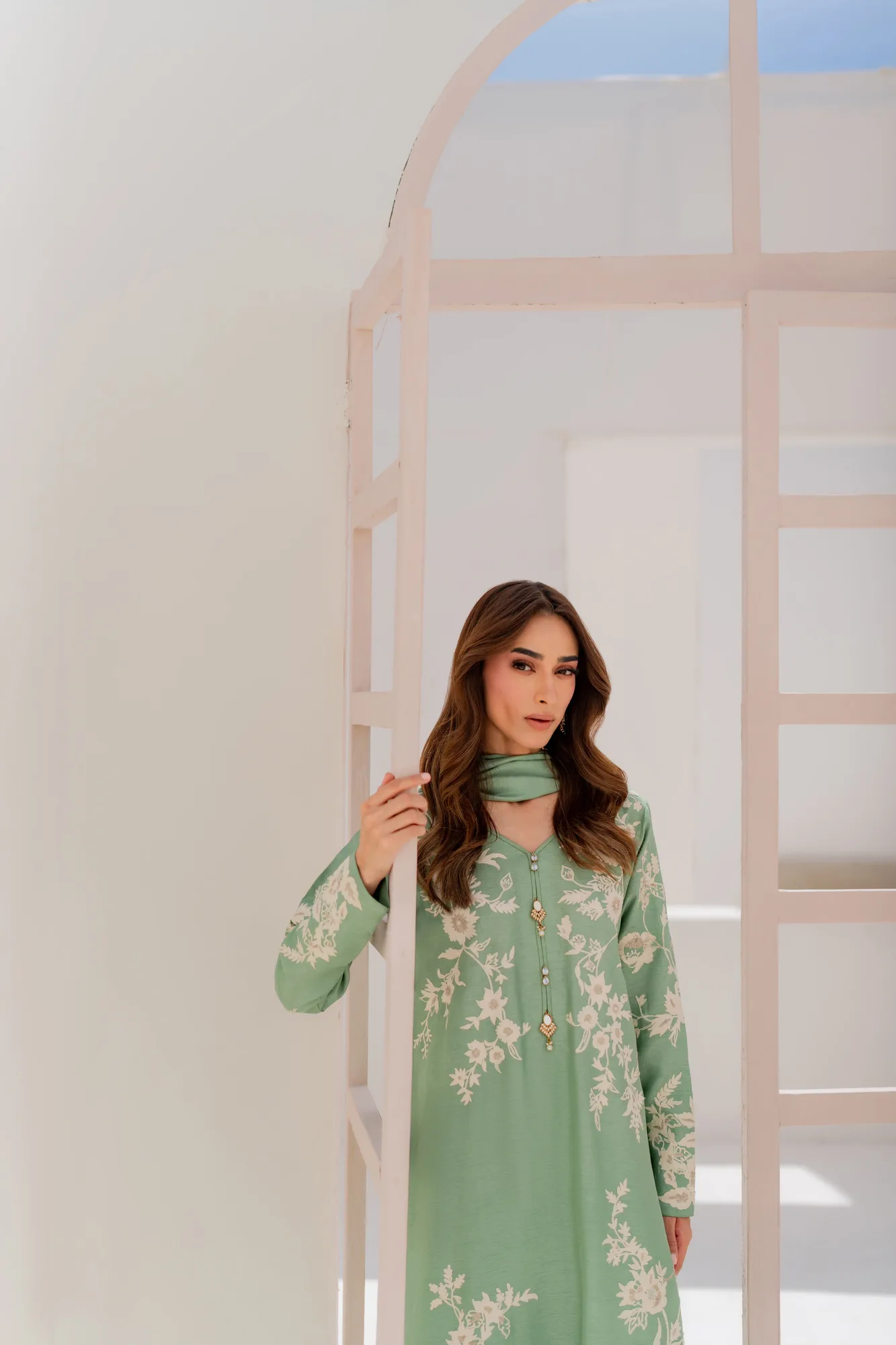 Green silk two-piece with hand aari embroidery and polki buttons – view 5 – Poshaq