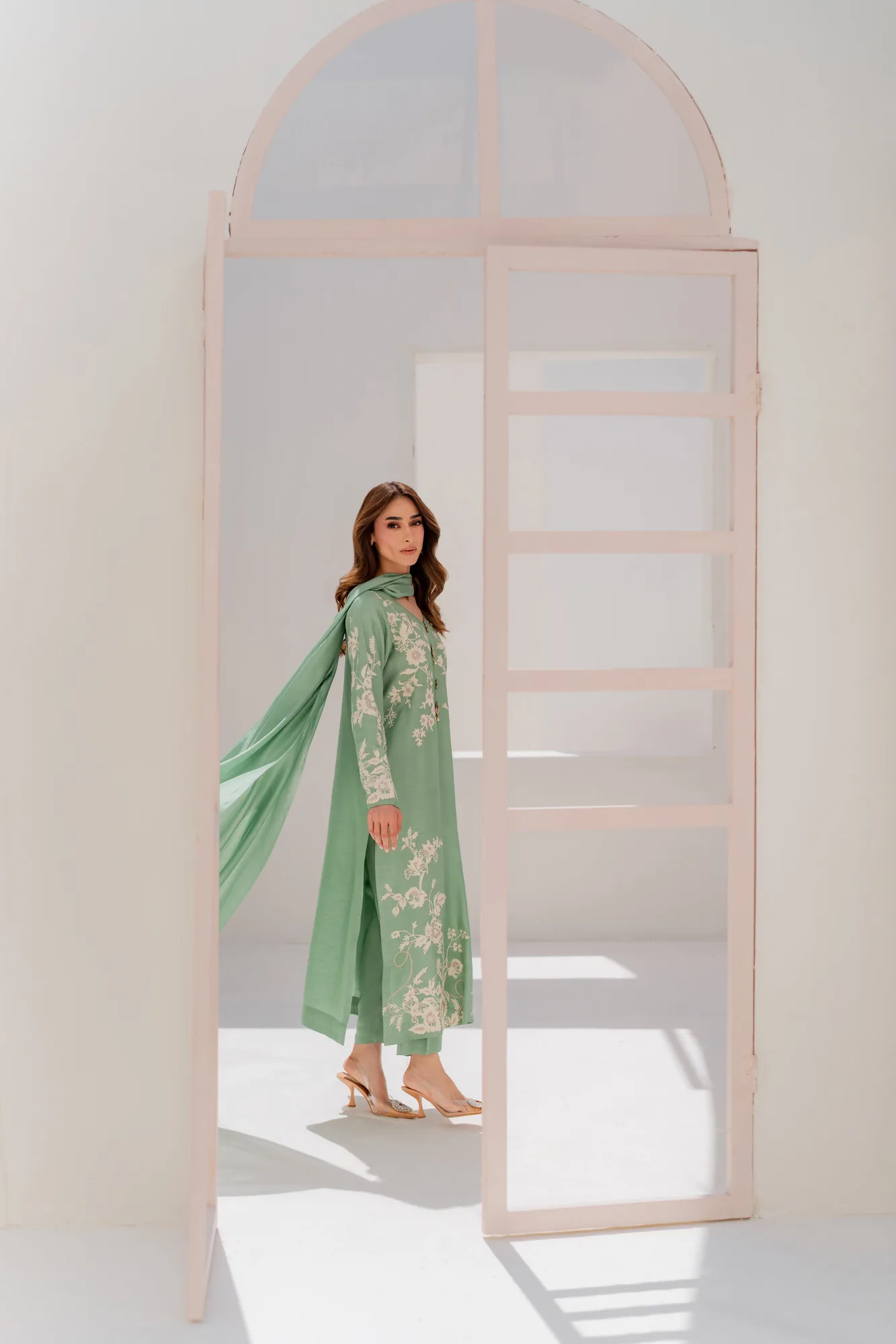 Green silk two-piece with hand aari embroidery and polki buttons – view 6 – Poshaq
