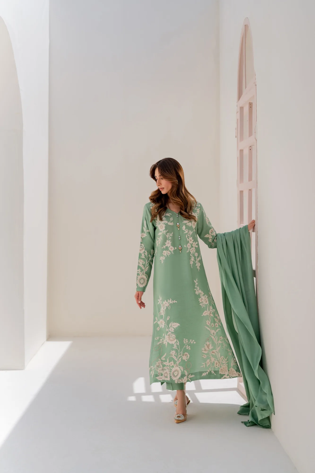 Green silk two-piece with hand aari embroidery and polki buttons – view 7 – Poshaq