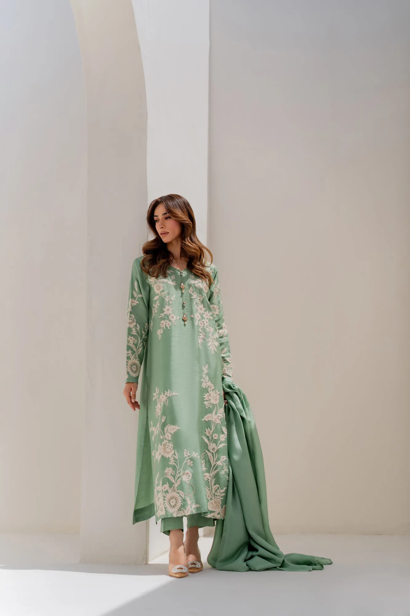 Green silk two-piece with hand aari embroidery and polki buttons – view 8 – Poshaq