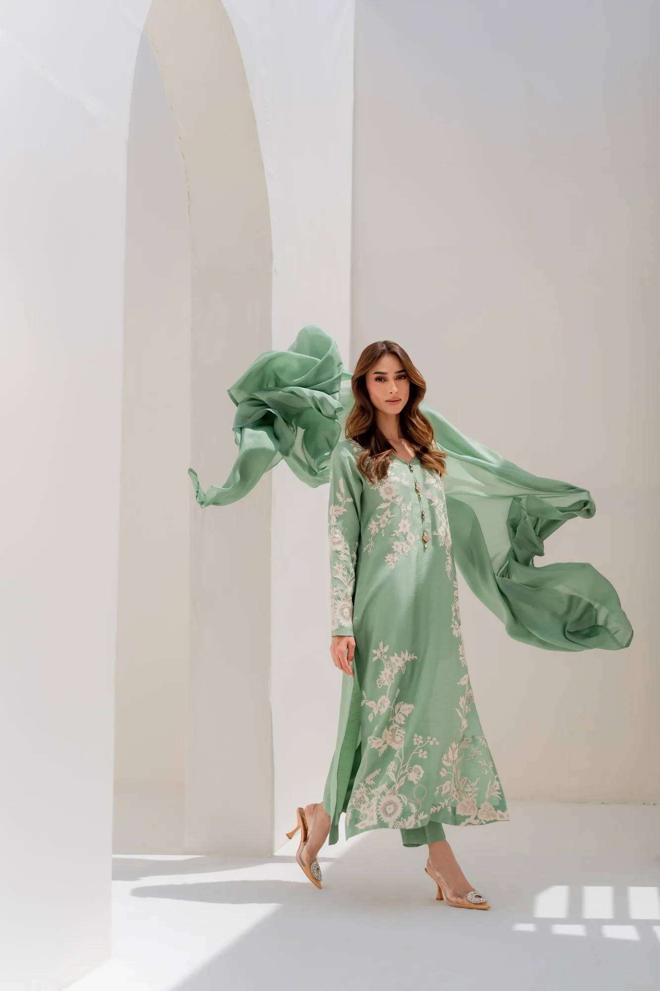 Green silk two-piece with hand aari embroidery and polki buttons – view 9 – Poshaq