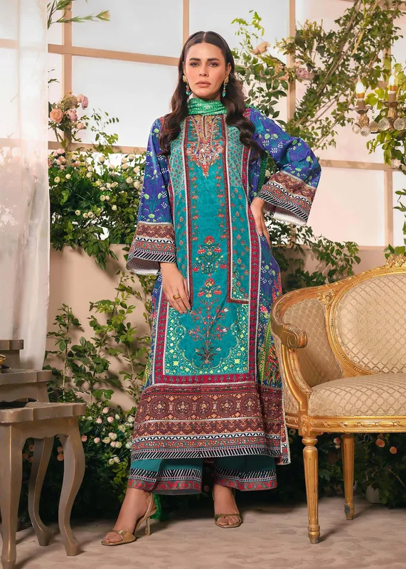 Seek Green three‑piece set with silk‑grip fabric and intricate hand embroidery – view 1 – Poshaq
